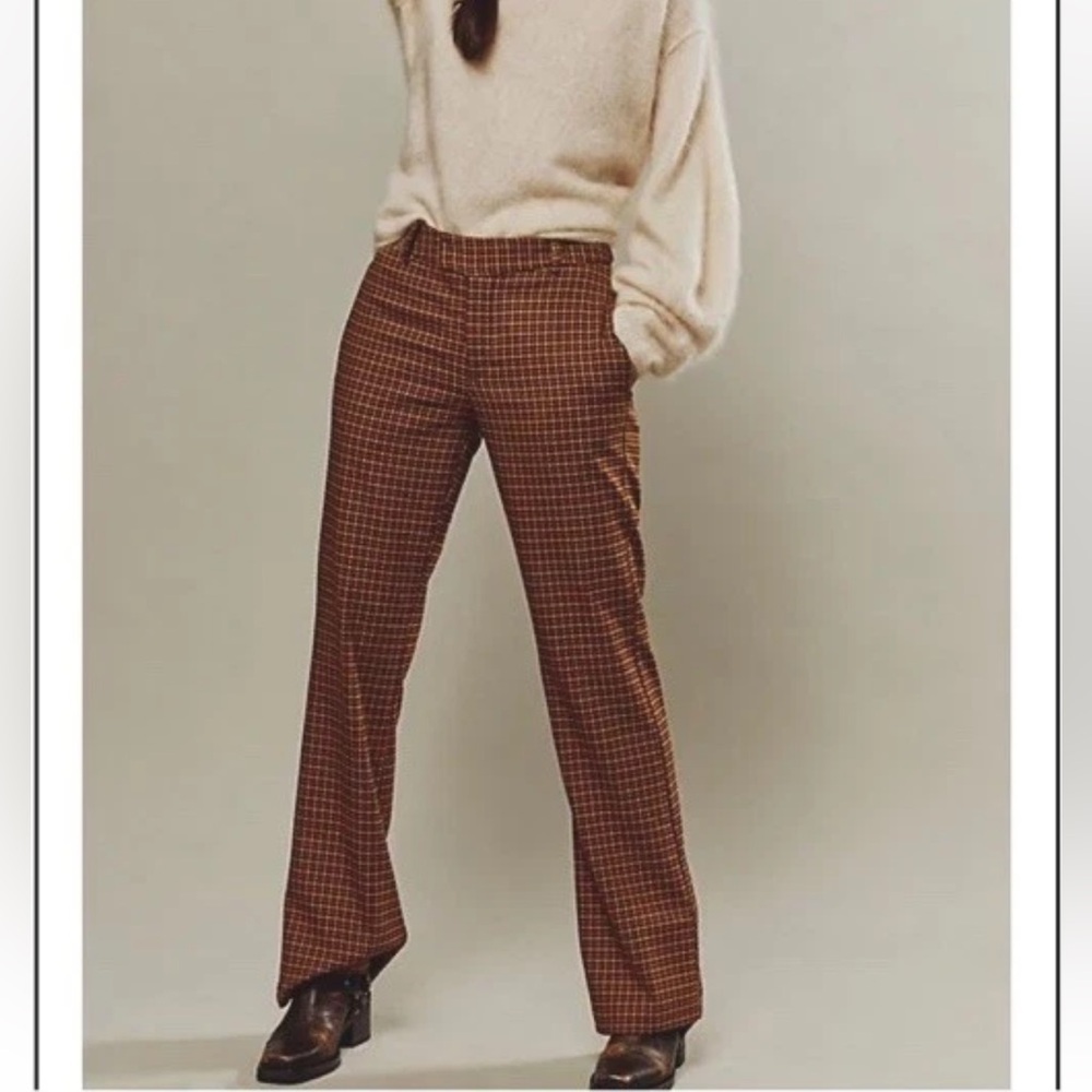 NWOT Free People Jana Flare Trousers Pants in Mustard &Brown Size 12 Houndstooth